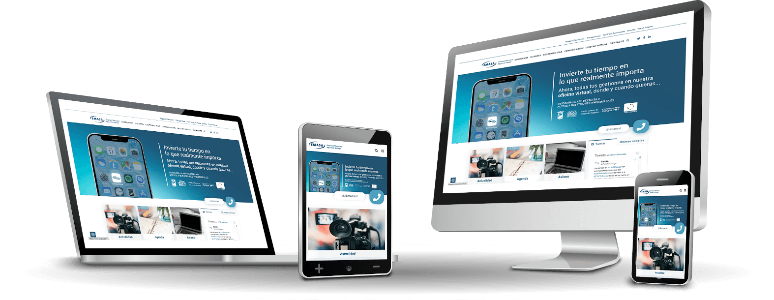 Diferentes dispositivos, un ordenador de sobremesa, un portatil, una tablet y un teléfono inteligente mostrando la págia web de EMASA