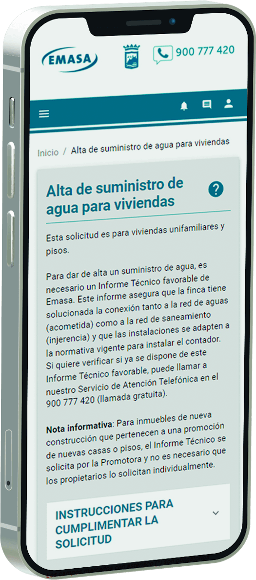 Un teléfono móvil inteligente mostrando la página web de EMASA