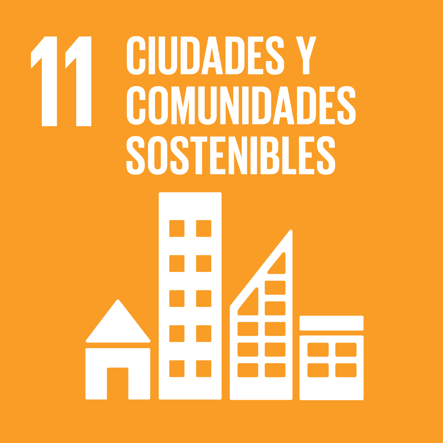 Logo del Objetivo de Desarrollo Sostenible número 11: Conseguir que las ciudades y los asentamientos humanos sean inclusivos, seguros, resilientes y sostenibles