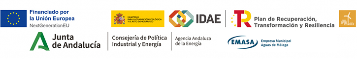 Logotipos de la UE, Next Generation, Ministerio para la Transición Ecológica y el Reto Demográfico, IDAE, Plan de Recuperación, Transformación y Resiliencia, Autoconsumo, Junta de Andalucía, Agencia Andaluza de la Energía y Emasa