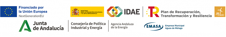 Logos_Fondos_NextGeneration Logotipos de la UE, Next Generation, Ministerio para la Transición Ecológica y el Reto Demográfico, IDAE, Plan de Recuperación, Transformación y Resiliencia, Autoconsumo, Junta de Andalucía, Agencia Andaluza de la Energía y Emasa